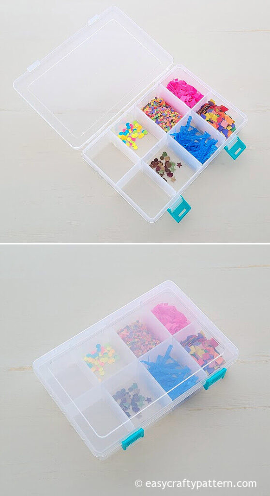 Plastic container for confetti storage