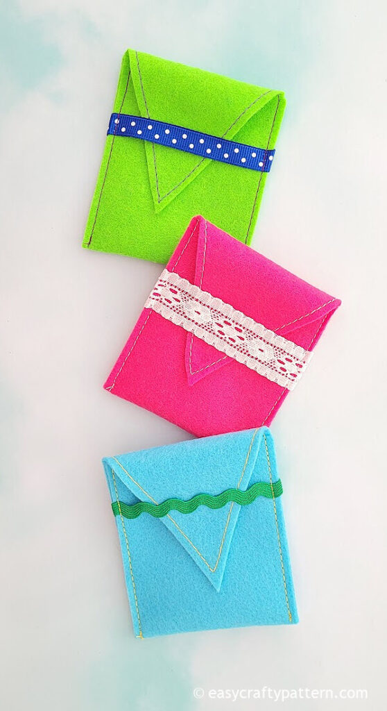 Green, pink, blue felt pouch.