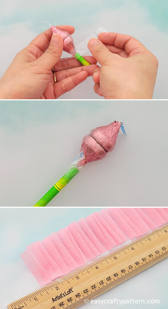 Folding crepe paper on tape and ruler.
