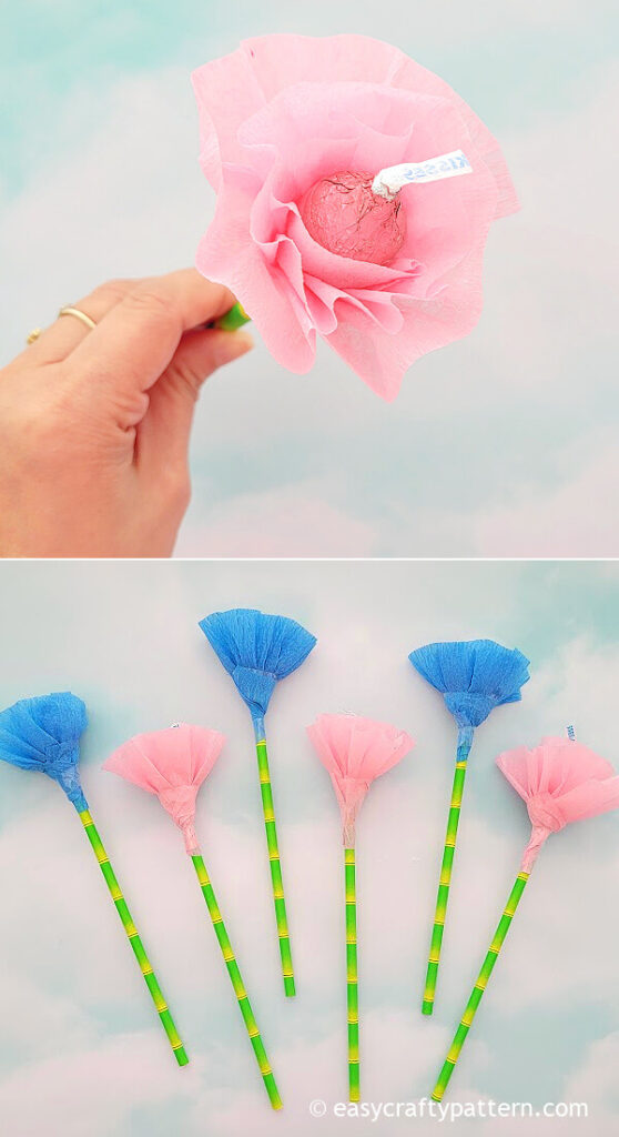 Pink and blue crepe paper flowers.