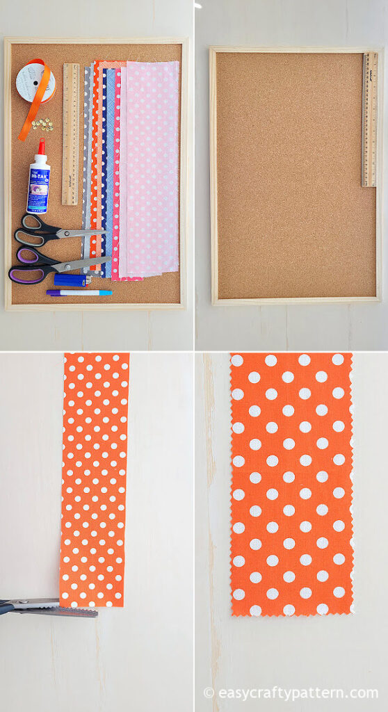 Supply cork board and printed fabrics.