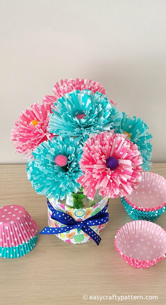 Blue and pink paper flowers.