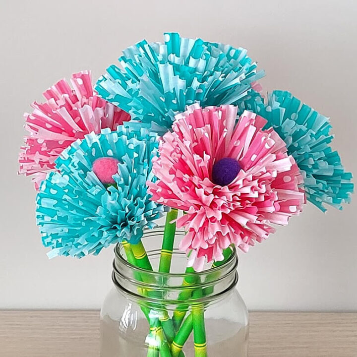 Pink and blue cupcake liner flower.