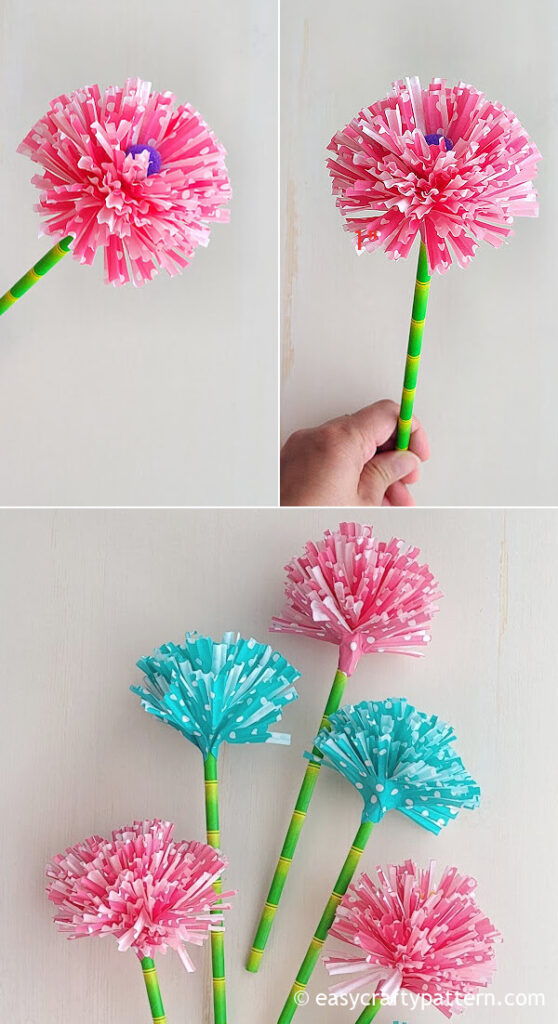 Pink and blue paper flowers.