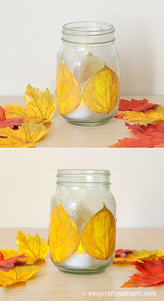 Decoupage leaf on mason jar.