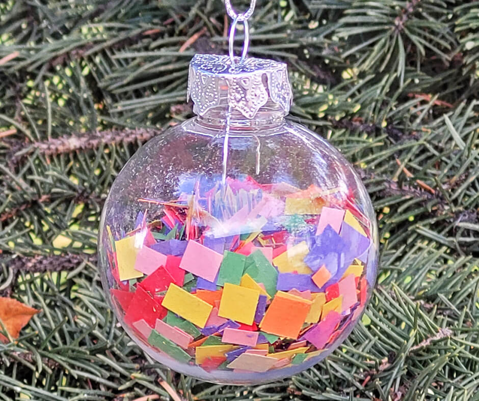 Confetti ornament on the tree.