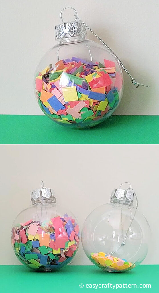 Ornament filled with colorful confetti.