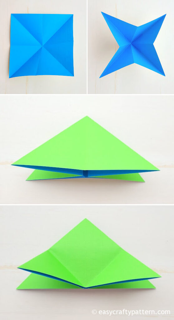 Folding blue paper into triangle.