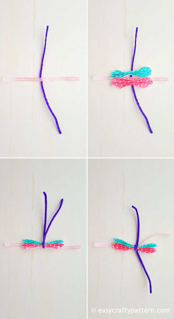 Purple pipe cleaner and pink ribbon.
