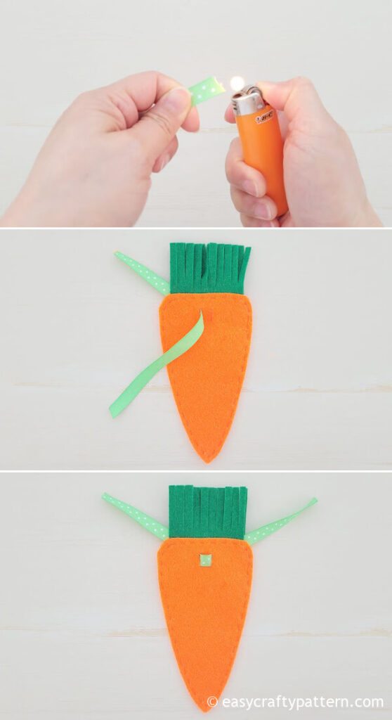Attaching ribbon on the felt carrot.