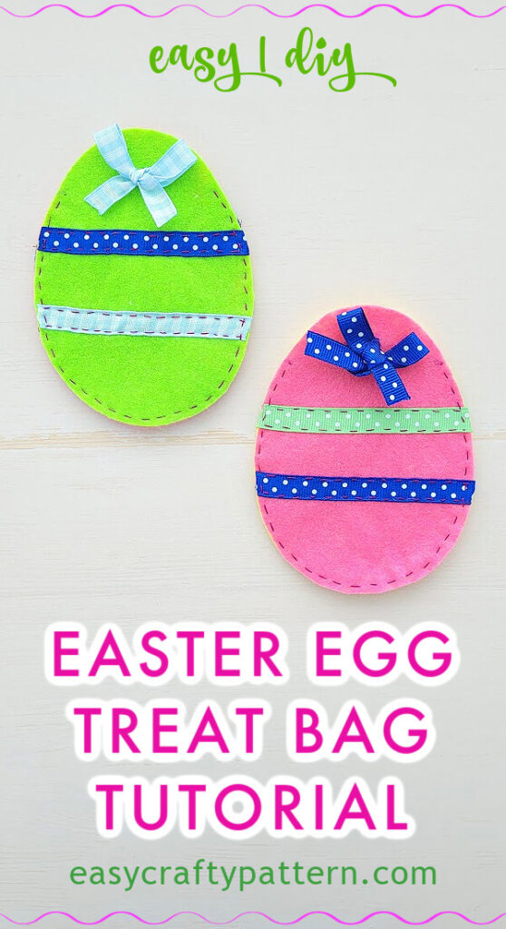 Easter egg treat bag from green and pink felt and ribbon.