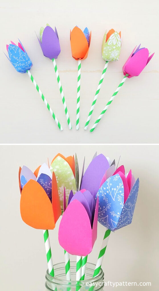 Five paper tulips with straw.