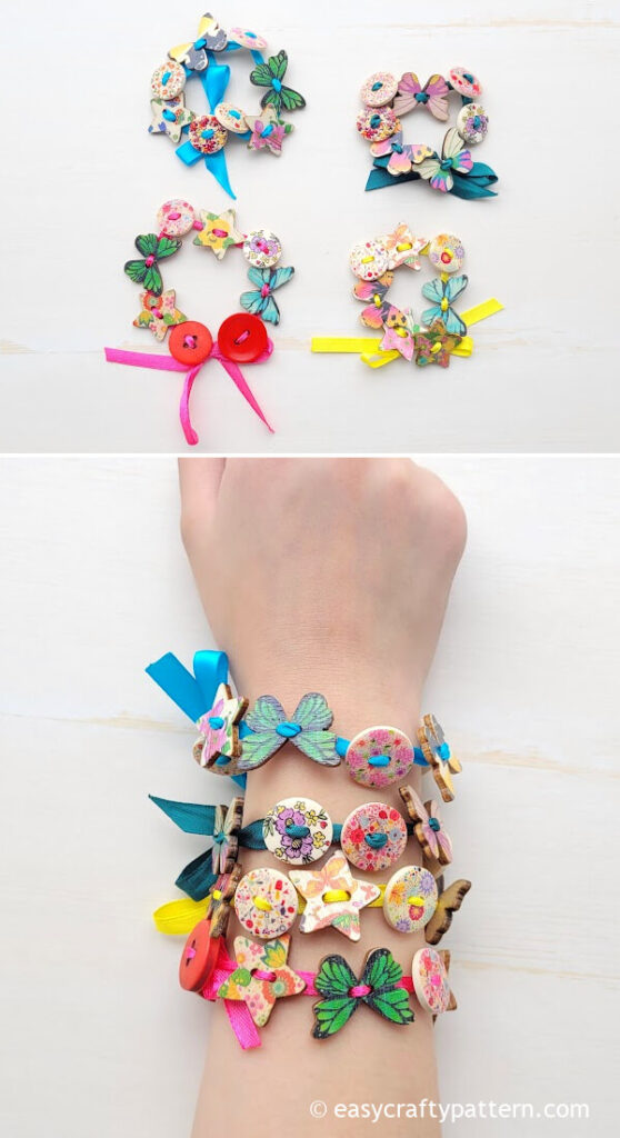 Four colorful button and ribbon bracelets.