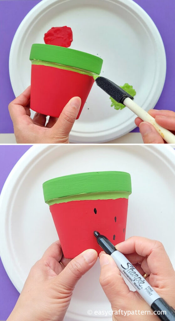 Drawing watermelon seed on the terra cotta pot.