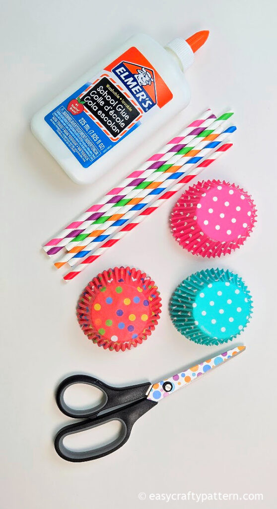 Pink, blue, and red cupcake liners.